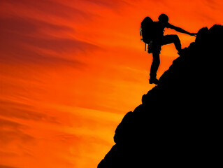 Silhouette of a man climbing a mountain