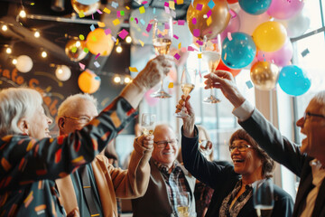 Group of coworkers raising a glass with champagne celebrating retirement  - obrazy, fototapety, plakaty