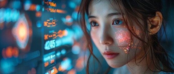 This concept illustrates how to keep up with technology in our fast-moving world. An Asian woman is browsing her phone data in a holographic display on her wall. - obrazy, fototapety, plakaty