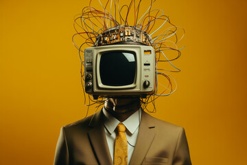 Contemporary art collage of man in a suit with retro tv head over yellow background