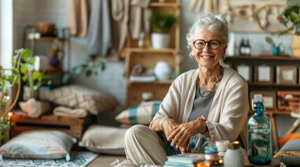 Senior retired woman sitting on the floor at home, relaxing body and mind in a living room, self care and well being