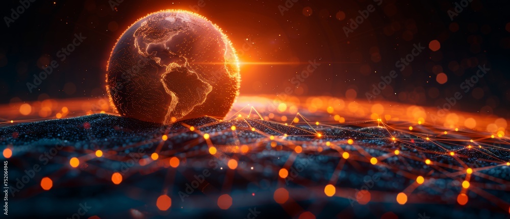 Poster global world network and telecommunication on earth, blockchain and iot.