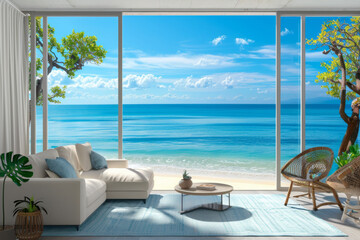 Fototapeta premium Outdoor Living room with nature scenery view for rest and relax decorate with modern furniture, cozy home decor background.