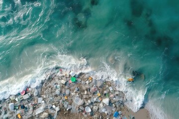 Garbage in the ocean, mountains of plastic and garbage floating in the ocean, top view. The concept...