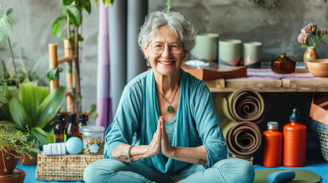 Senior retired woman sitting on the floor at home, relaxing body and mind in a living room, self care and well being