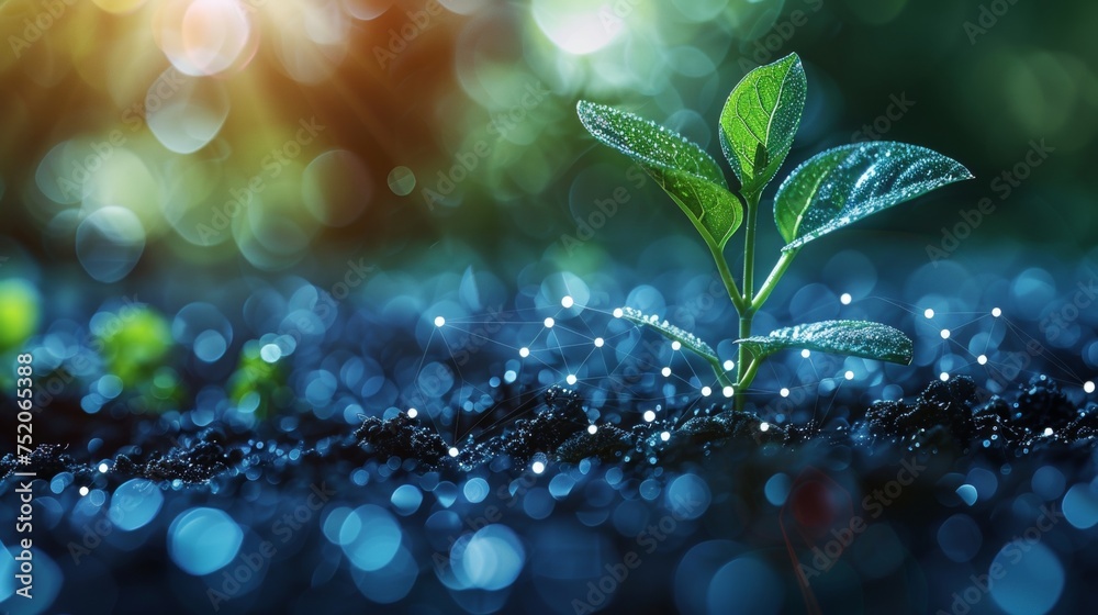 Poster a growing plant sprouts under the sun beams. in this piece, we see a blue low poly style design with