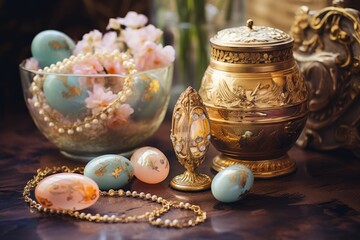 Vintage Easter: Arrange vintage-inspired jewelry with antique Easter decorations.