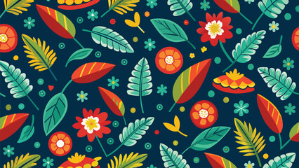 Seamless pattern with tropical leaves and flowers. Vector illustration.