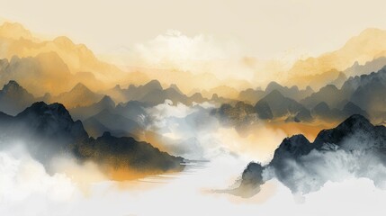 An abstract artistic background including vector landscape paintings in Chinese styles, a moody landscape painting in golden tones. The landscape painting is painted in ink and has a golden texture. - obrazy, fototapety, plakaty