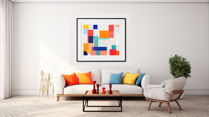 An inviting living room setup with a blank white empty frame, featuring a colorful, modern graphic design that adds a playful touch to the space.