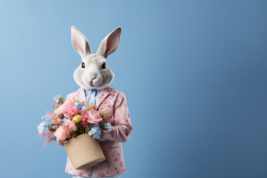 Banner of cute easter bunny charachter holding a bag fulled with easter eggs on blue background.