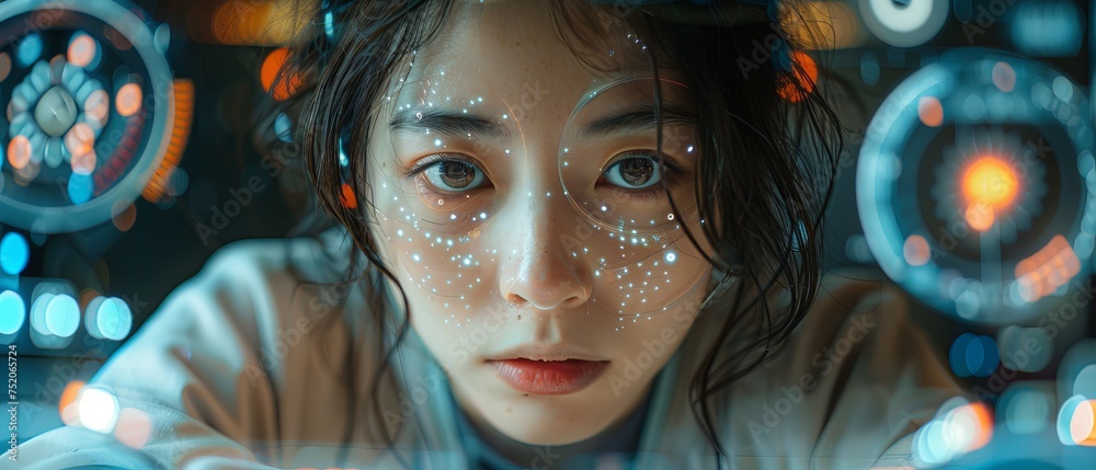 Aufkleber an innovative future technology is used by a young asian woman to see the data and functions of her 