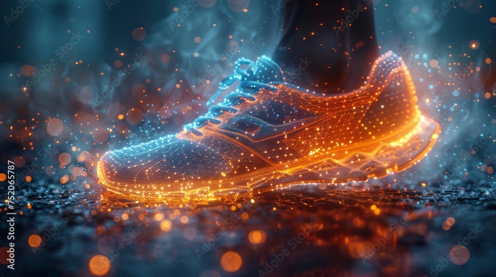 Poster Design of the feet of a running man. Low polygonal design concept. Abstract geometric background. Wireframe light connection structure. Low polygonal design concept. Isolated  illustration.