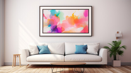 An inviting living room setup with a blank white empty frame, featuring a vibrant, digitally created abstract artwork that sparks imagination and creativity.