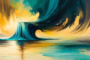 Abstract watercolor landscape with seascape and cool waves. Hand drawn illustration for your design...