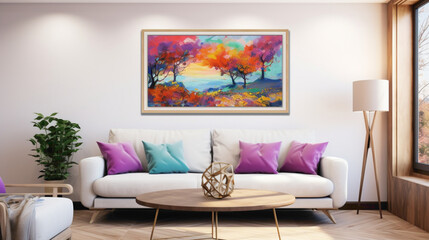 An inviting living room setup with a blank white empty frame, featuring a vibrant, digitally created landscape artwork that transports you to another world.