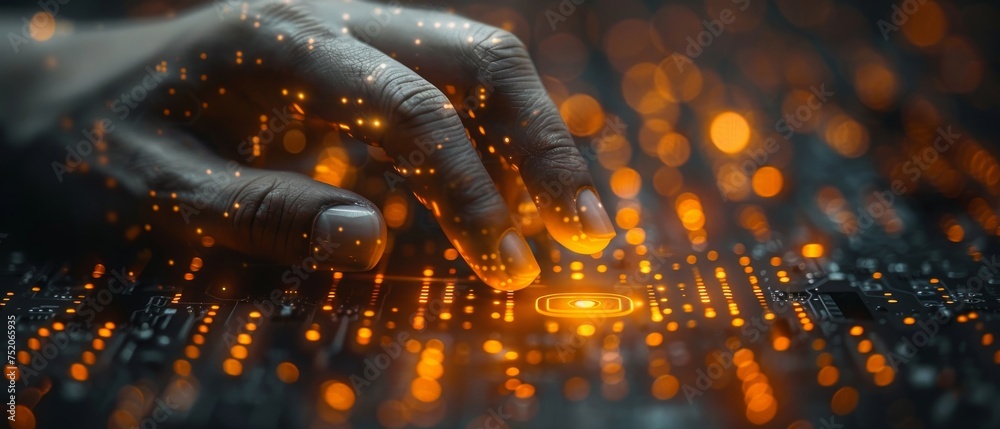 Poster A businessman touches the transformation of digital data networks for next generation technology in cyberspace, Internet networks, digital software development, algorithms, metaphysics, and data
