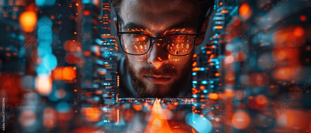 Poster Business and technology, IoT concept, man programmer, software developer working on digital tablet, smart cities with binary codes and htmls on screen.