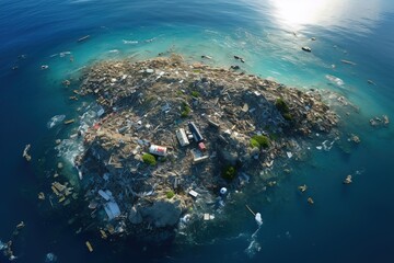 Garbage in the ocean, mountains of plastic and garbage floating in the ocean, top view. The concept...