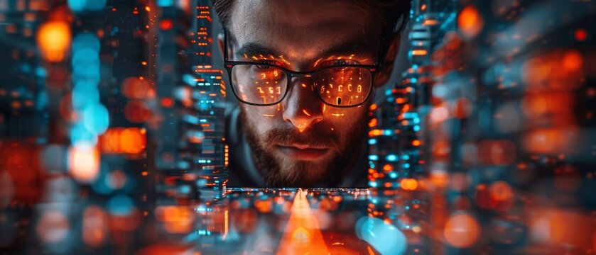 Business and technology, IoT concept, man programmer, software developer working on digital tablet, smart cities with binary codes and htmls on screen.