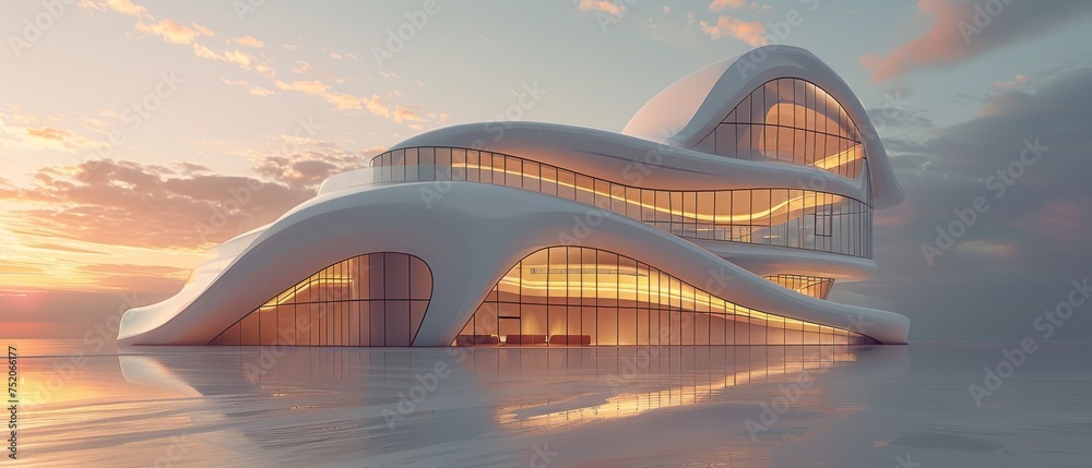 Leinwandbilder low angle view of futuristic architecture, skyscraper with curving glass windows, 3d rendering...