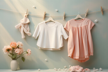 Vintage baby clothes hanging on clothesline