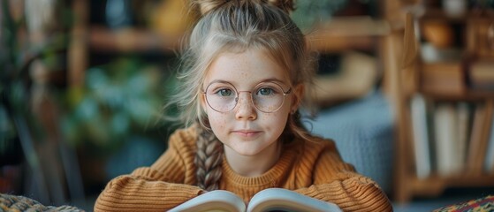 The little girl is happy as she reads a book while wearing glasses