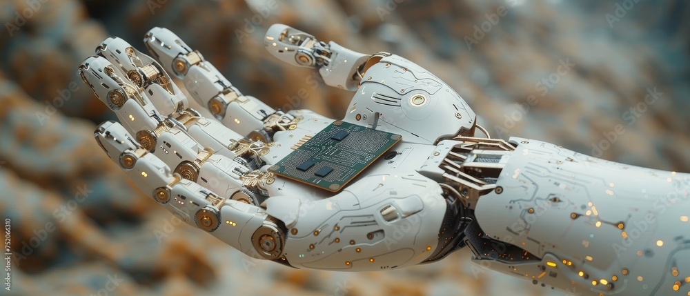 Leinwandbilder industrial robotic manipulator end effector holding a cpu chip. digital high tech authentic robot ar