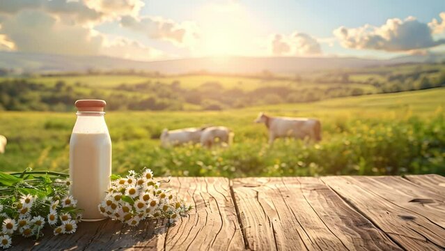 Fresh milk on wooden table. cow livestock and beautiful meadow in the background. 4k video footage
