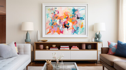 An inviting living room setup with a blank white empty frame, featuring a colorful, contemporary mixed-media artwork that sparks curiosity.