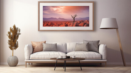 An inviting living room setup with a blank white empty frame, featuring a vibrant, digitally created landscape artwork that transports you to another world.