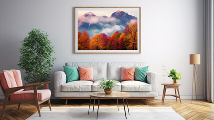 An inviting living room setup with a blank white empty frame, featuring a vibrant, nature-inspired digital artwork that brings the beauty of the outdoors inside.