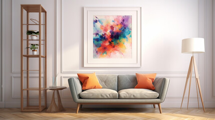 An inviting living room setup with a blank white empty frame, featuring a colorful, abstract digital artwork that sparks creativity and imagination.