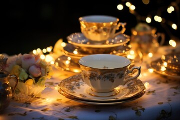 Garden Tea Party: Set up a tea party scene with jewelry, teacups, and saucers, illuminated.