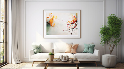 An inviting living room setup with a blank white empty frame, featuring a vibrant, nature-inspired digital artwork that brings the outdoors inside.