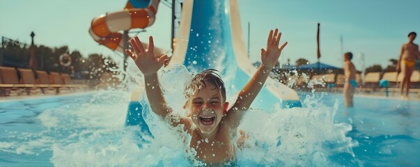 Children joyfully play in the pool at the water park, sliding down the water slide. Concept Water park, Children's activities, Pool fun, Waterslide, Summer recreation