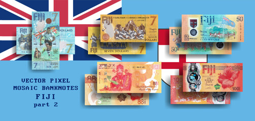 Fototapeta premium Vector set pixel mosaic banknotes of Fiji. Collection notes of 88, 100 cents and 7, 50 dollars. Obverse and reverse. Play money or flyers. Part 2