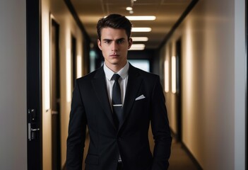 person with their identity hidden, dressed in a dark suit, standing in a brightly lit office corridor
