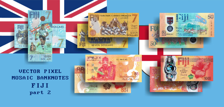 Vector set pixel mosaic banknotes of Fiji. Collection notes of 88, 100 cents and 7, 50 dollars. Obverse and reverse. Play money or flyers. Part 2