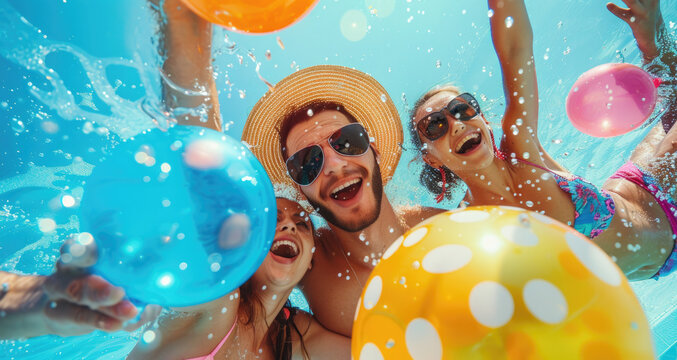 Group of beautiful young people enjoying pool party with friends, looking happy while swimming into the swimming pool together
