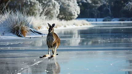 Rolgordijnen A kangaroo gliding over ice on skis. © Yusif