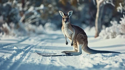 Tuinposter A kangaroo gliding over ice on skis. © Yusif