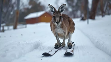 Fotobehang A kangaroo gliding over ice on skis. © Yusif