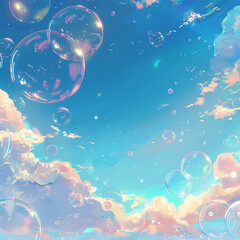 Soap bubbles on the background of the sky with clouds. Vector illustration.