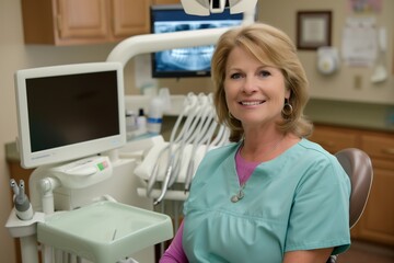 Fototapeta premium A woman in a blue scrub top sits in a dentist's chair