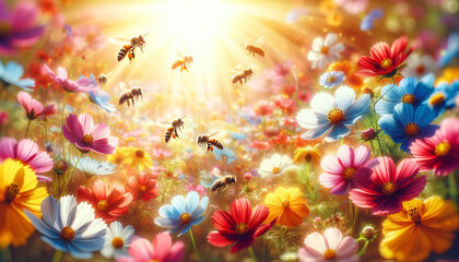 Fototapeta na wymiar A vibrant and detailed scene showcasing the intricate dance of pollination. In the foreground, several bees, with their wings a blur of motion