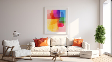 An inviting living room setup with a blank white empty frame, featuring a colorful, abstract digital artwork that sparks curiosity and contemplation.