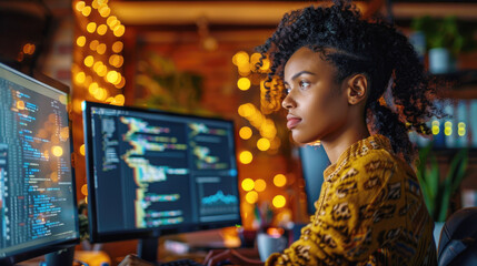 Young black girl study programming on a computer at school