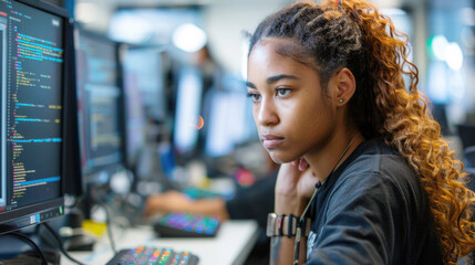 Young black girl study programming on a computer at school