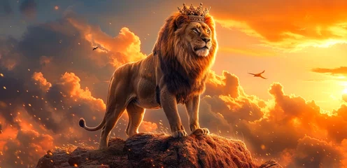 Fotobehang Majestic lion with a royal crown standing atop a rocky peak, against a dramatic fiery sunset sky, symbolizing power, royalty, and the king of the jungle © Bartek